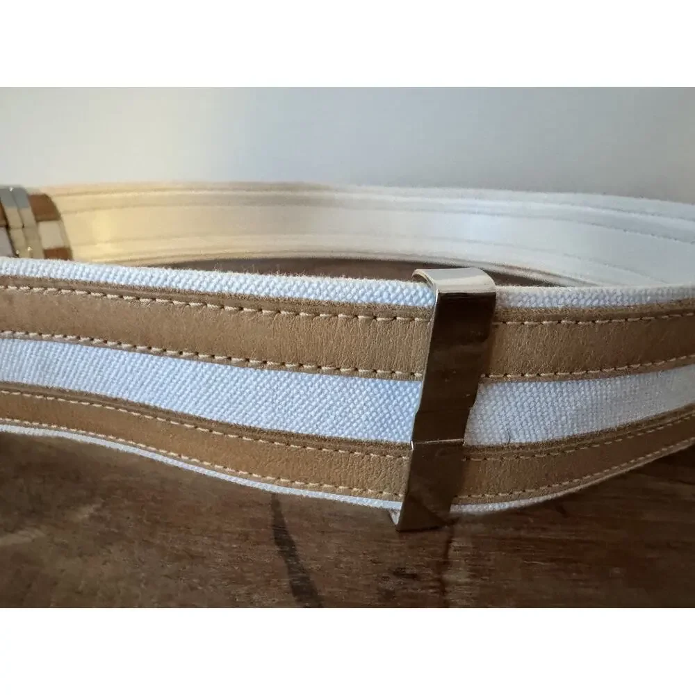 MONICA NEGREIROS Wide Belt White Canvas Tan Leather Silver Double Prong